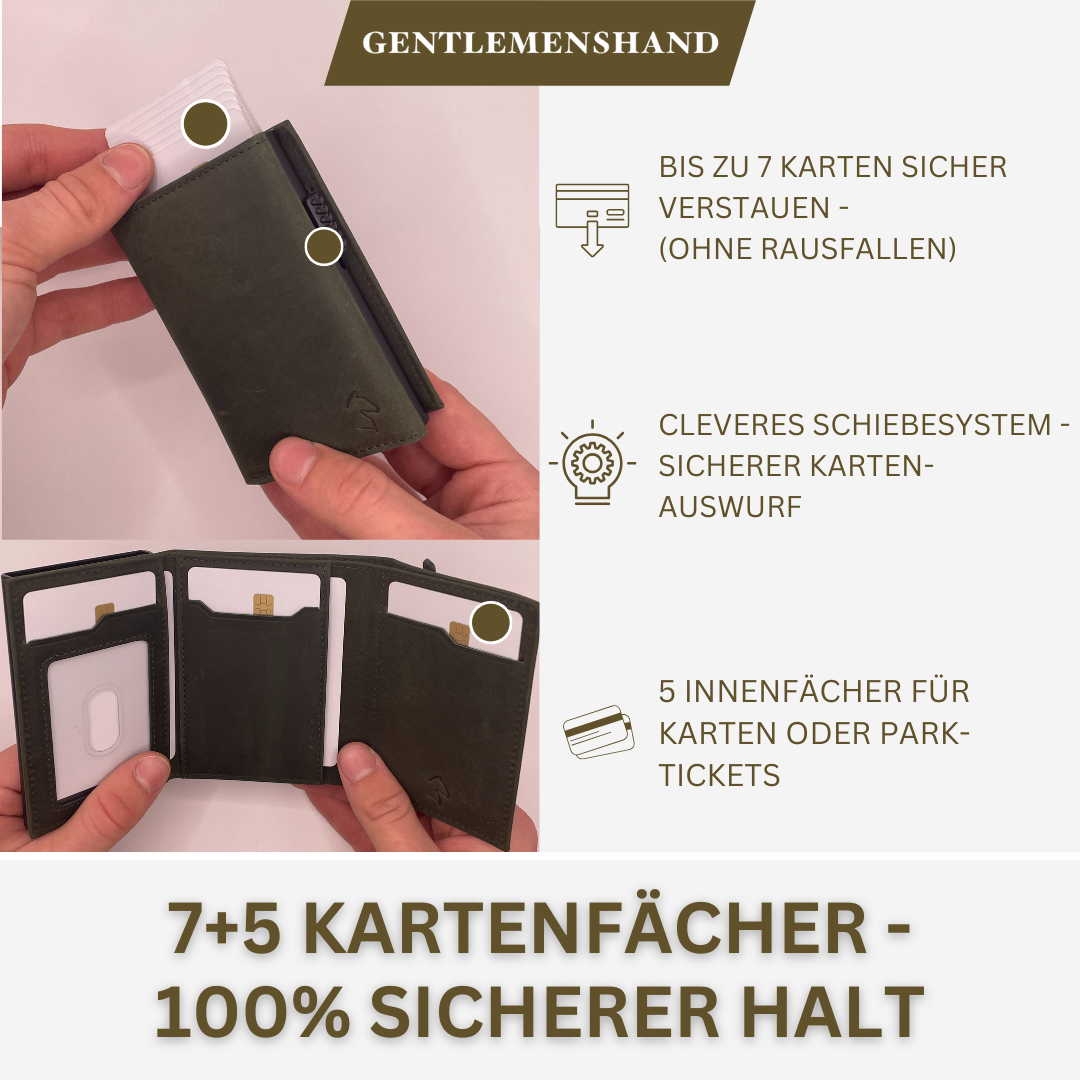 Olivgrüne Geldbörse aus echtem Leder - 12 Kartenfächer mit sicherem Halt, handgefertigt in Deutschland