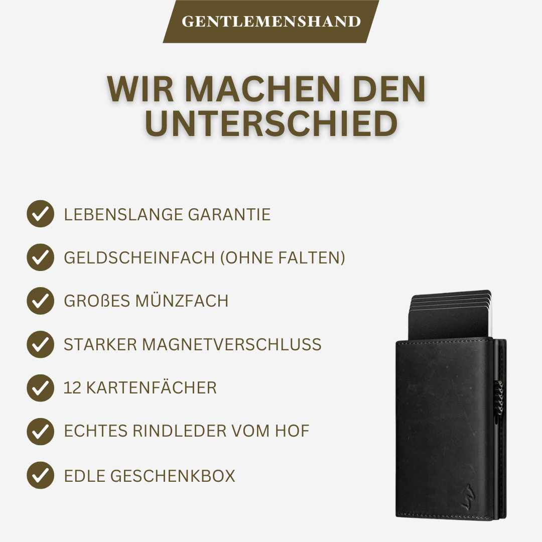 Schwarze Echtleder-Geldbörse mit lebenslanger Garantie - handgefertigt in Deutschland für höchste Langlebigkeit