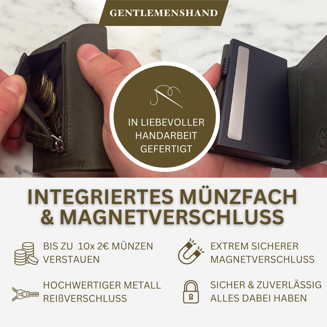 Innenansicht der Olivgrünen Geldbörse mit Münzfach und Magnetverschluss