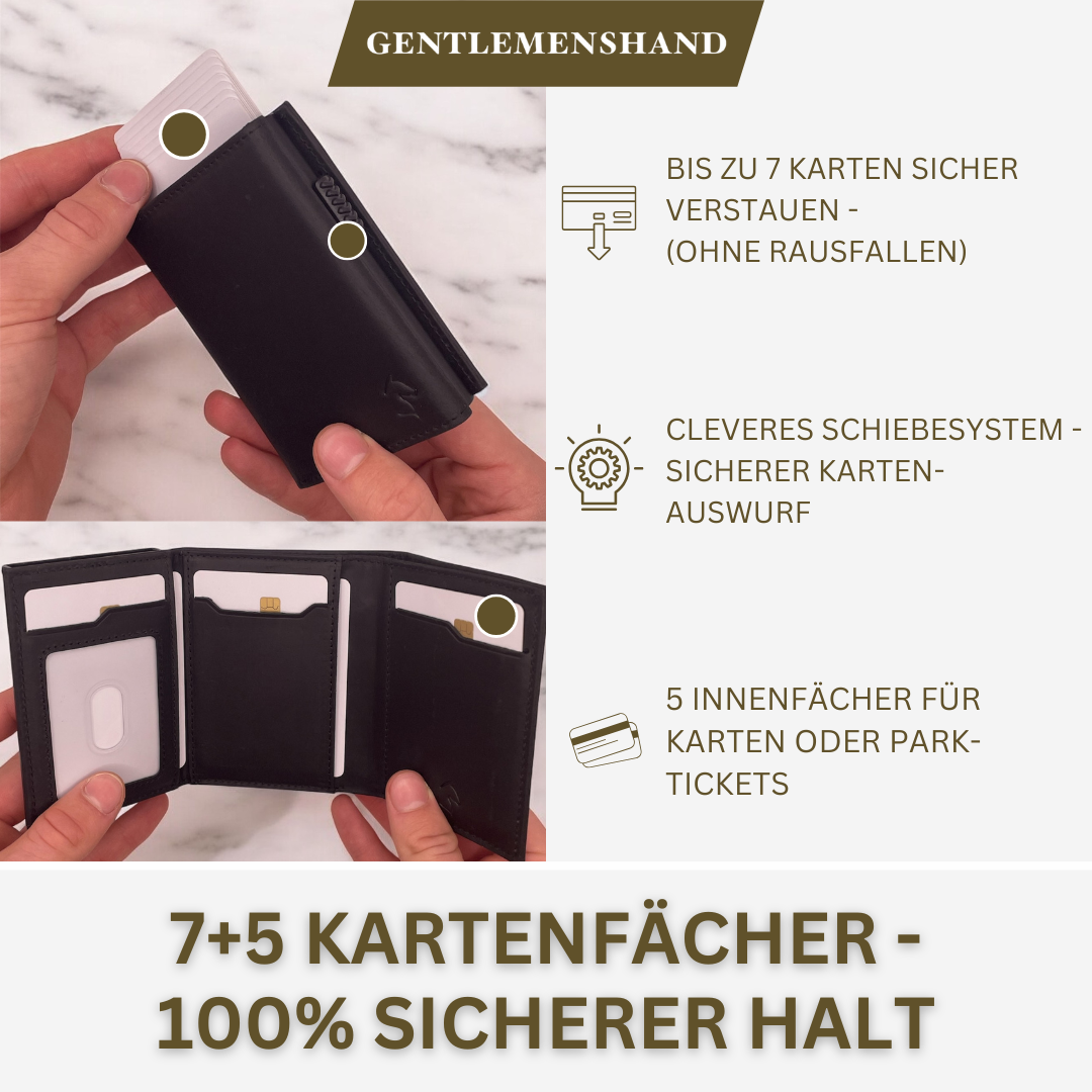 Handgefertigte schwarze Ledergeldbörse mit 12 Kartenfächern - sicherer Halt, Made in Germany