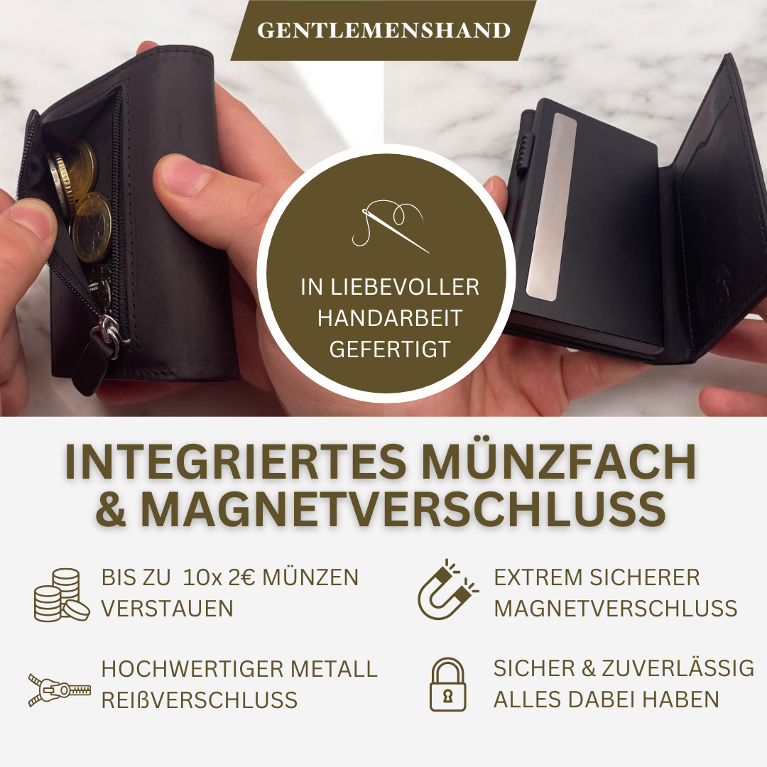 Detailansicht des schwarzen Münzfachs mit Magnetverschluss aus Leder